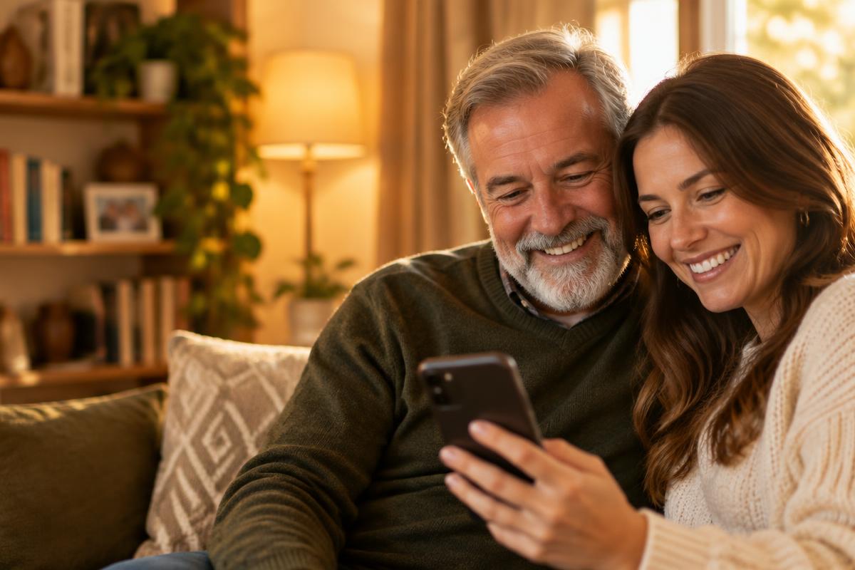 Father and adult daughter looking at a phone together
