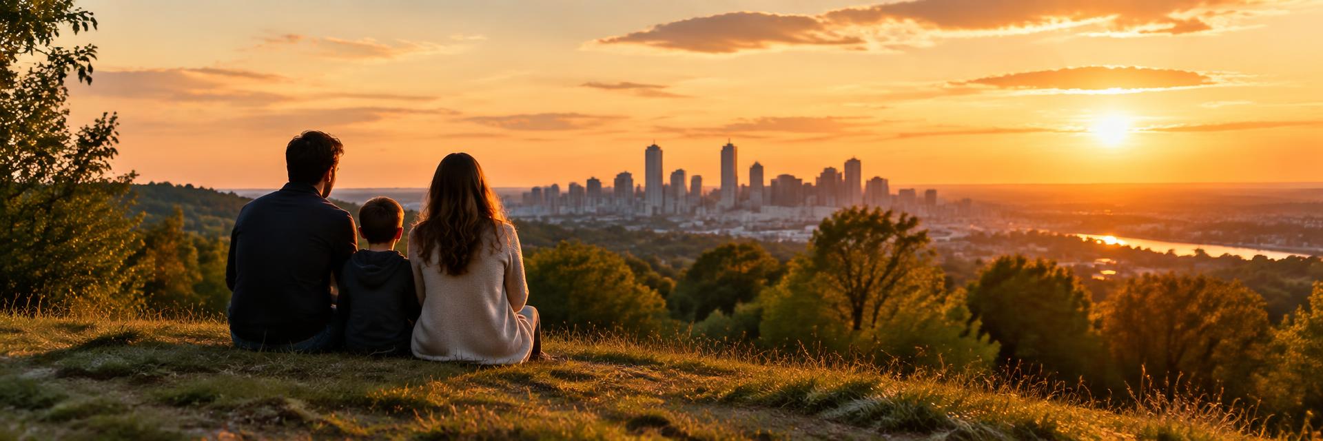 Family watching the sunset over a city